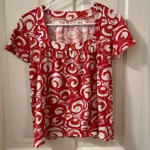J. Crew red/coral patterned short sleeve top, size S.